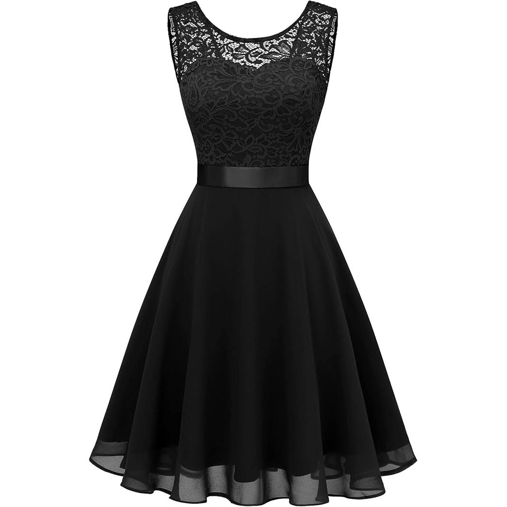 Korte Bloemenkant Bridesmaid Jurk – A-lijn Swing Cocktailjurk – Met Boot-Hals, V-Rug en Afneembare Strikceintuur – Ideaal Voor Bruiloften, Proms, Feestjes en Speciale Gelegenheden – Zwart