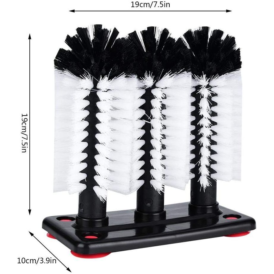 Glazenspoelborstel met 3 Nylon Borstels – Zuignapvoet voor Spoelbak – Ø 17 cm x 17,5 cm – Krasvrije Reiniging voor Bierglazen, Wijnglazen & Mokken – Horecakwaliteit