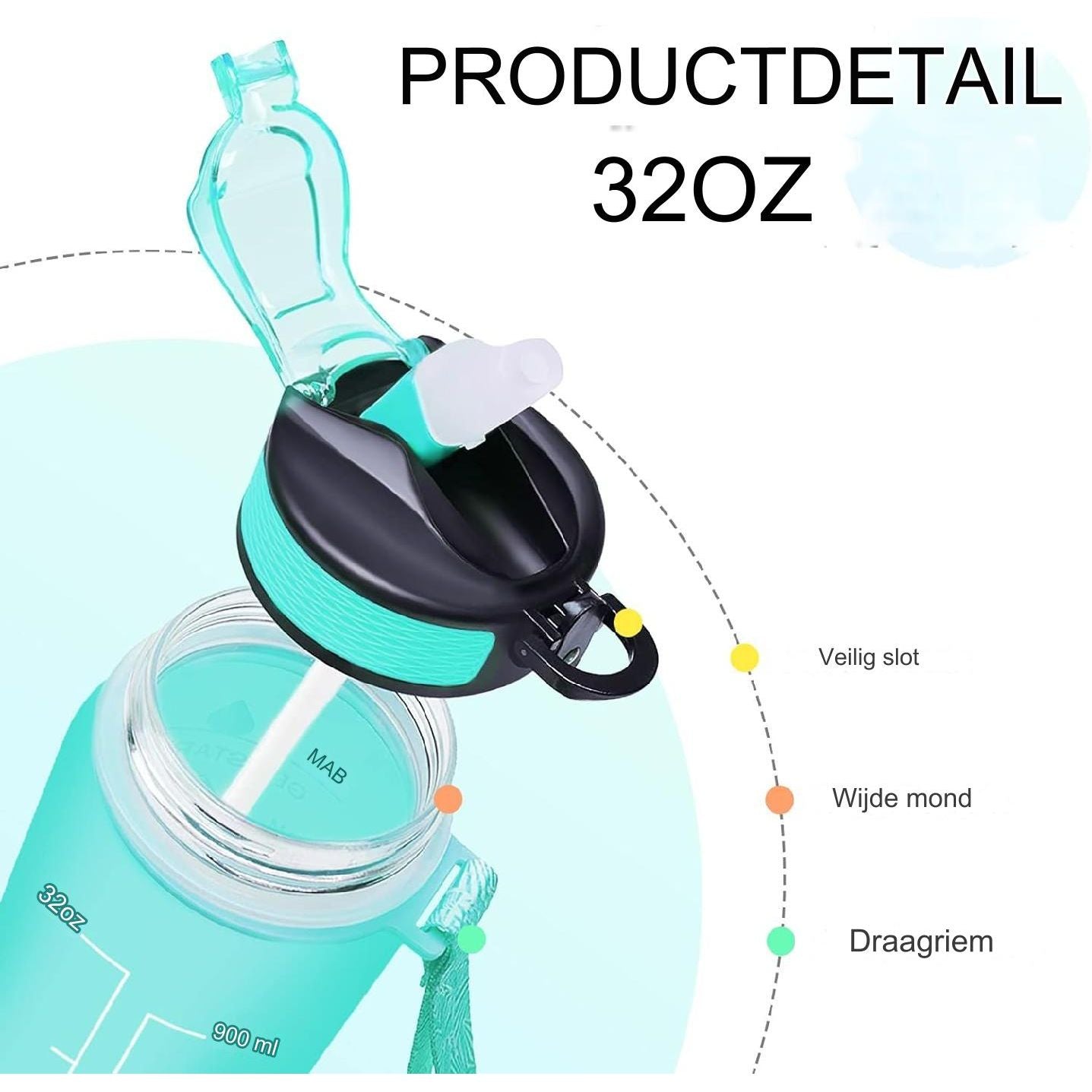 32 oz Waterflessen met Tijdmarkeringen en Drinkrietje - Motiverende Drinkfles met Tijdsaanduiding - Lekvrij & BPA-vrij - Sportwaterfles voor Fitness, Sportschool & Buitengebruik met Handige Tijdweergave