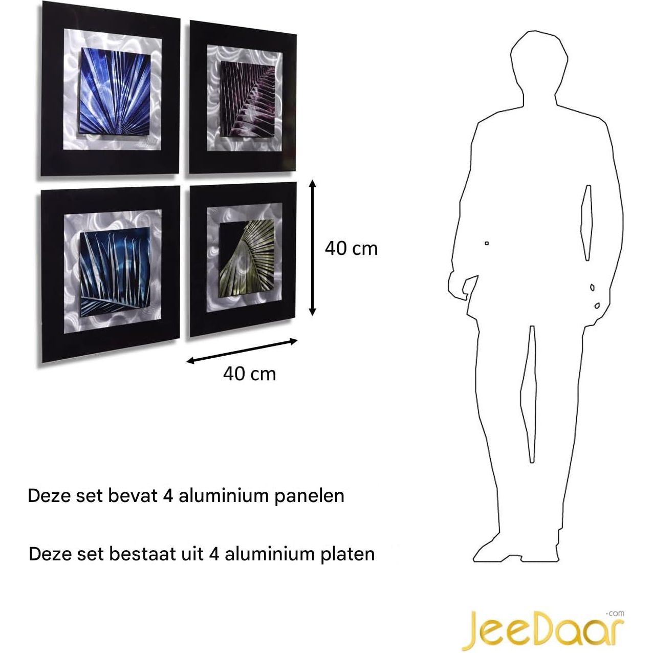 4 Stuks - 3D-Metaal Schilderijen - Aluminium Wanddecoratie - Handgemaakt - Zandgepolijst - Set Wandpanelen - 40 x 40 cm per Paneel - Abstracte Muurdecoratie - Model JD-131 - Voor Woonkamer, Slaapkamer, Kantoor