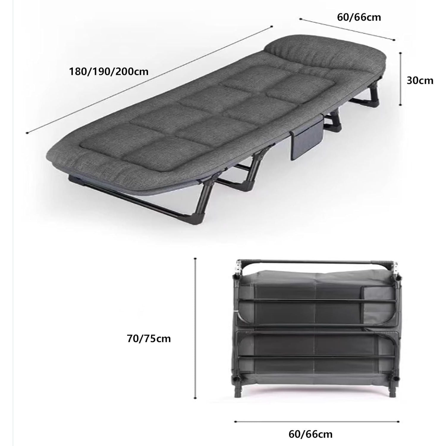 Opvouwbaar Logeerbed met Verstelbare Rugleuning – 6 Posities – Inklapbaar Bed met Matras en Zijvak – 180 × 66 × 30 cm – Voor Binnen & Buiten, Kantoor of Reizen