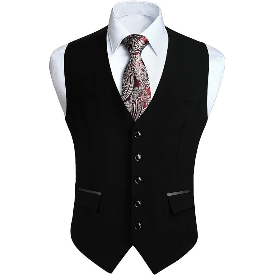 Heren Waistcoat - Formeel effen kleur trouwvest - Klassiek zakelijk feest smokingvest met zakken, Zwart - Herenvest - Zakelijk Formeel Vest - Trouwpak Vest - Smoking Gilet met Zakken - Heren Taillejas - Effen Kleur Vest met Zakken