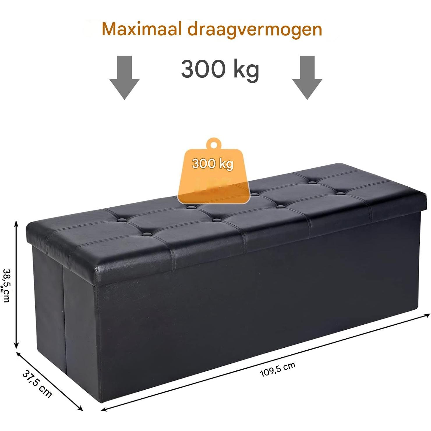 Opvouwbare Opberg Ottoman Bank – 110 cm Kunstleer Voetenbank met Opbergruimte en Gewatteerde Zitting – Draagbare Opbergbank tot 300 kg – Zwart – Voor Woonkamer, Slaapkamer of Hal
