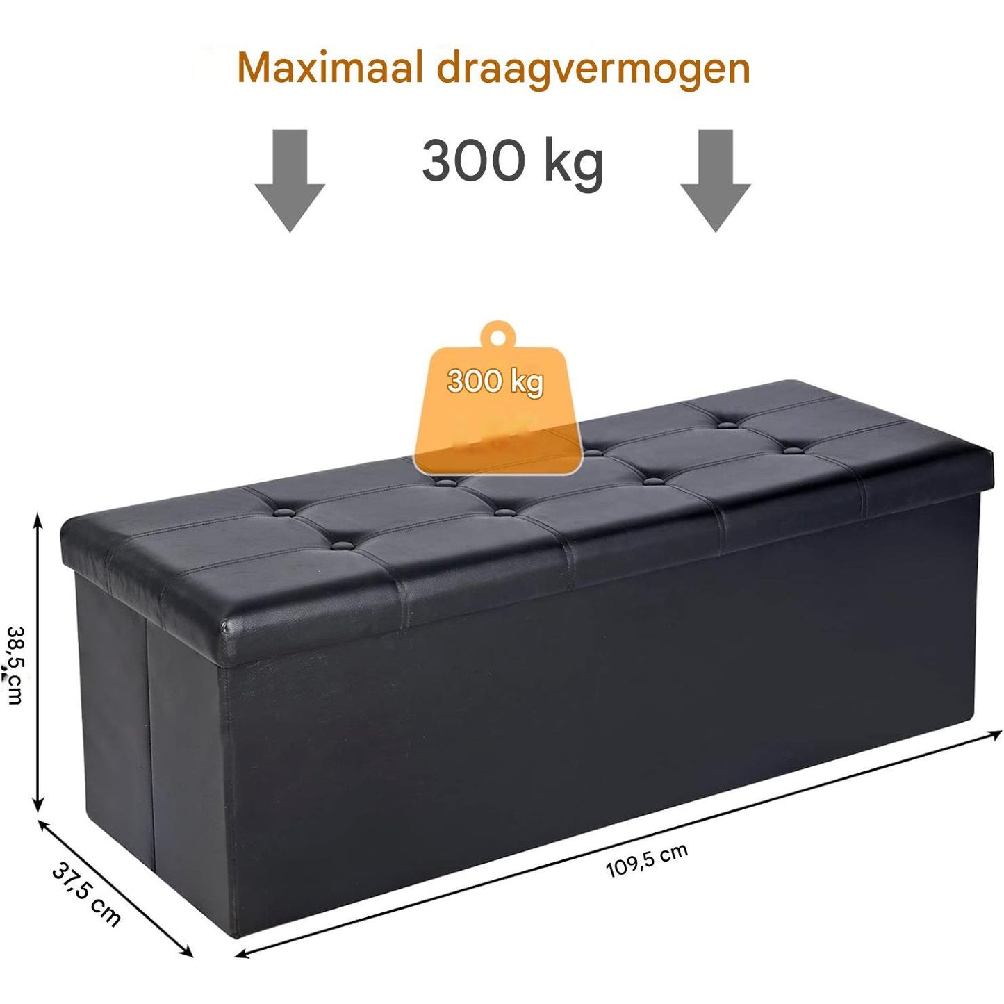 Opvouwbare Opberg Ottoman Bank – 110 cm Kunstleer Voetenbank met Opbergruimte en Gewatteerde Zitting – Draagbare Opbergbank tot 300 kg – Zwart – Voor Woonkamer, Slaapkamer of Hal