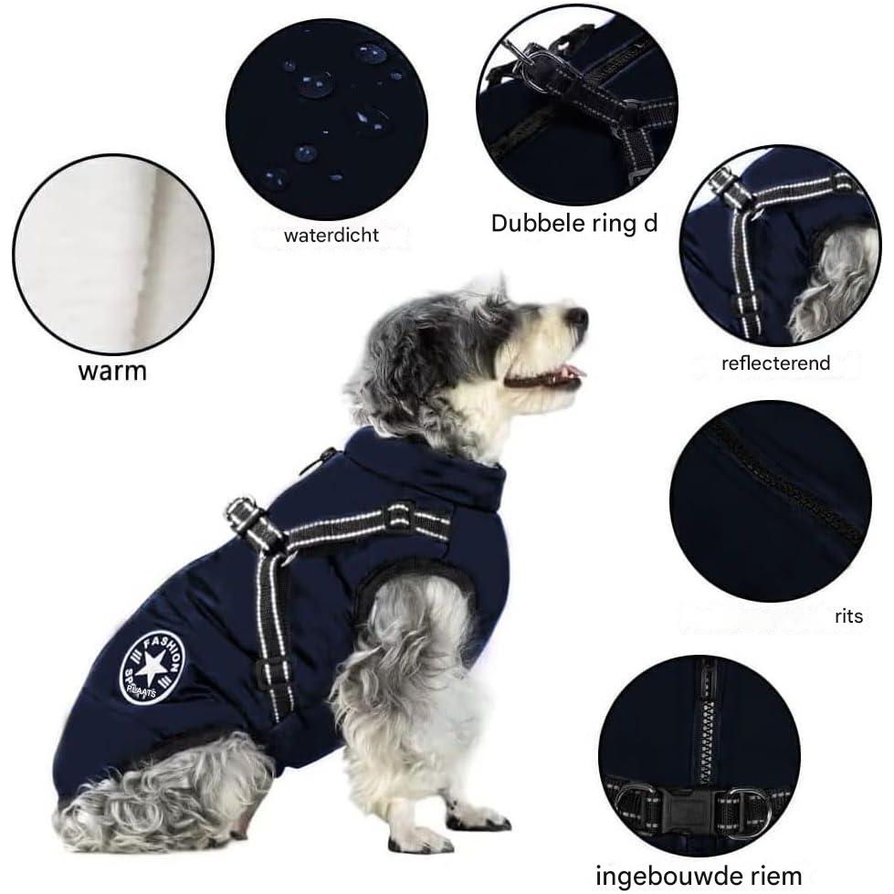 Voarge Hondenjas 5XL | Wintervest met Harnas | Waterdicht, Reflecterende Strepen, Machinewasbaar | Blauw