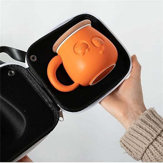 Oranje Kantoorbeker met Schattig Kattendesign - Keramische Theebeker met Deksel en Filter, 12.9 x 9.5 cm - Inclusief Reistas, Ideaal voor Thee- en Waterliefhebbers