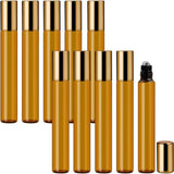 10 Stuks - Amber Glazen Roller Flesjes - 10ML Navulbare Flesjes - Geschikt voor o.a Essentiële Olie - Lege Bruine Glazen Roll-on Flesjes met Roestvrijstalen Rollerballen en Gouden Dop voor Olie, Lotion, Parfum - Set van 10