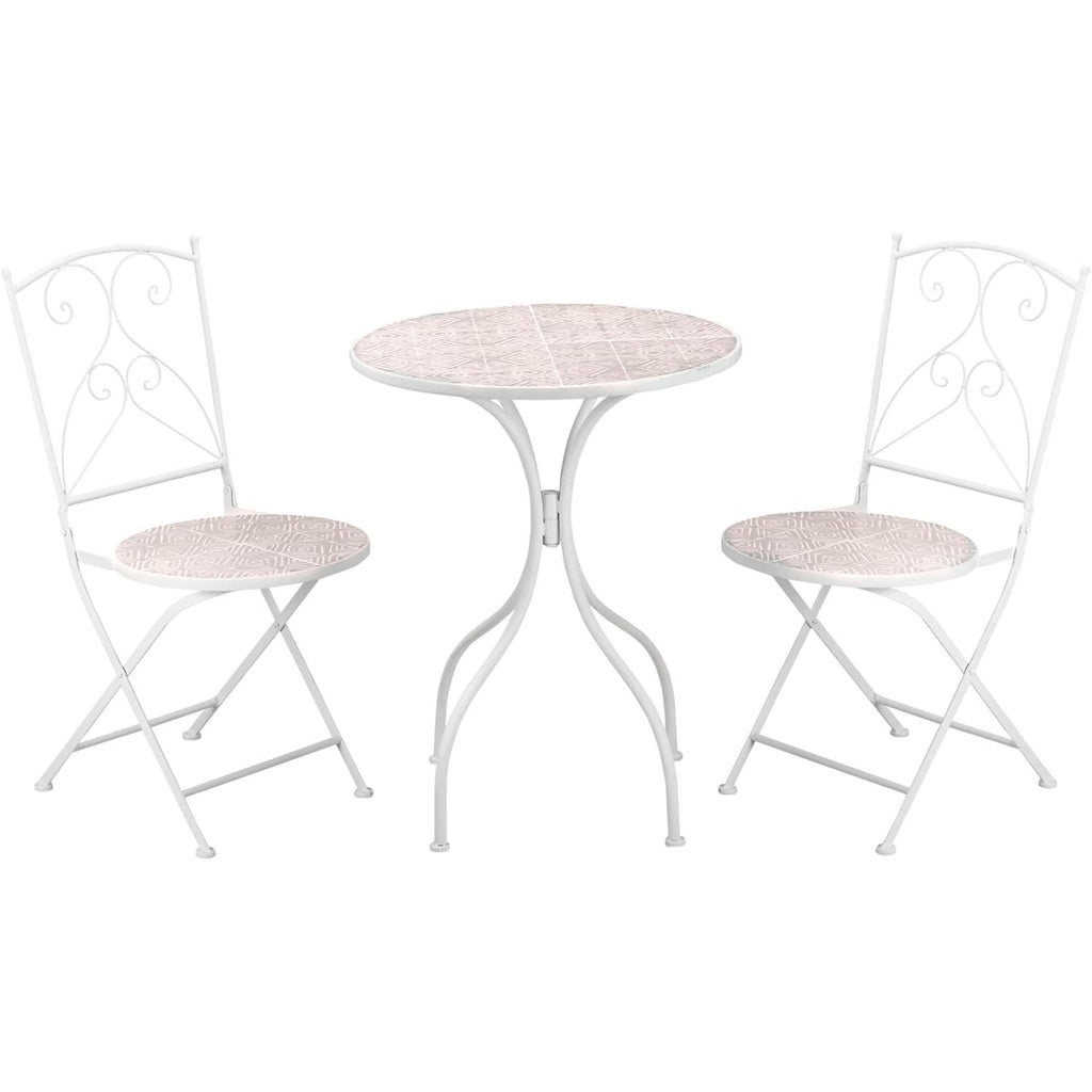 3 Delig Tuinset - Mozaïek Tuintafel met 2 Inklapbare Tuinstoelen - Weerbestendig Balkonset - Bistrotuinset van Metaal en Keramiek - Klapstoelen en Ronde Tuin Tafel voor Buitengebruik - Terrasmeubels in Witte Stijl