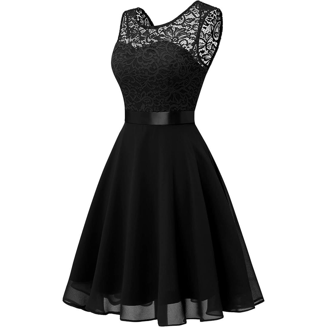Korte Bloemenkant Bridesmaid Jurk – A-lijn Swing Cocktailjurk – Met Boot-Hals, V-Rug en Afneembare Strikceintuur – Ideaal Voor Bruiloften, Proms, Feestjes en Speciale Gelegenheden – Zwart