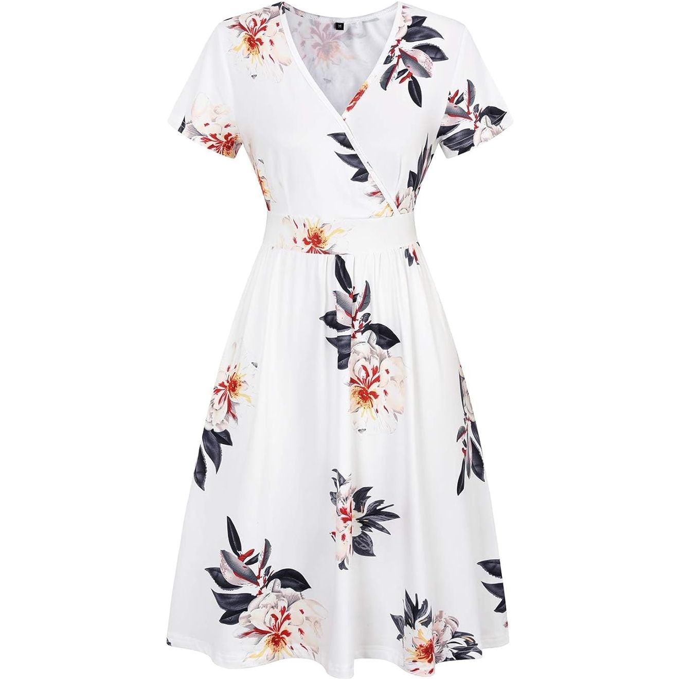 V-Hals Zomerjurk Dames - Kort Mouwloos - Midi Jurk met Plooitaille en Zakken - Elegante Wikkeljurk - Casual Strandjurk - Bloemenprint - Luchtige Zomerjurk - Maat S