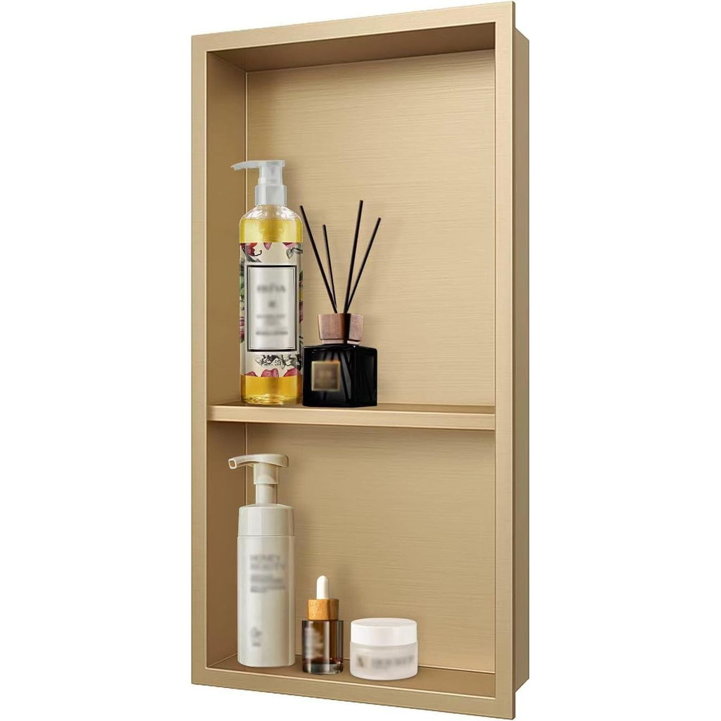 Inbouw Douche Niche 30 x 60 cm – Roestvrijstalen Inbouwnis voor Douchewand – Champagne Goud Wandnis met Dubbele Planken – Waterdichte RVS Opbergvak Zonder Tegels – Anti-Vingerafdruk – Makkelijk te Monteren Inbouwrek