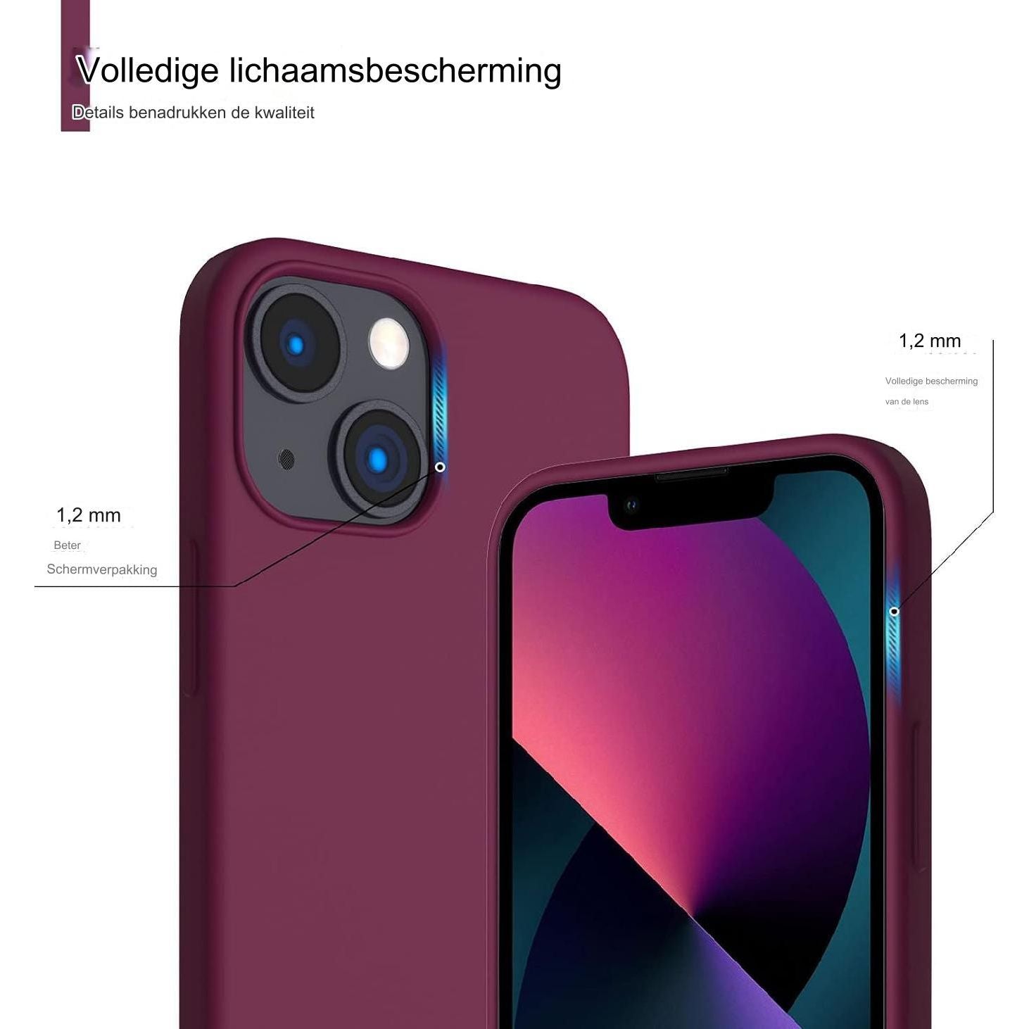 Karakter Ultra-Beschermende 3-Lagen Vloeibare Siliconen Hoesje voor iPhone 13 Mini - Volledig Bedekt Zachte Gelrubberen Hoes met Microfiber Voering - 5.4 Inch - Wijnrood - Luxe Beschermhoesje met Zachte Textuur - Precieze Pasvorm - Duurzame Bescherming