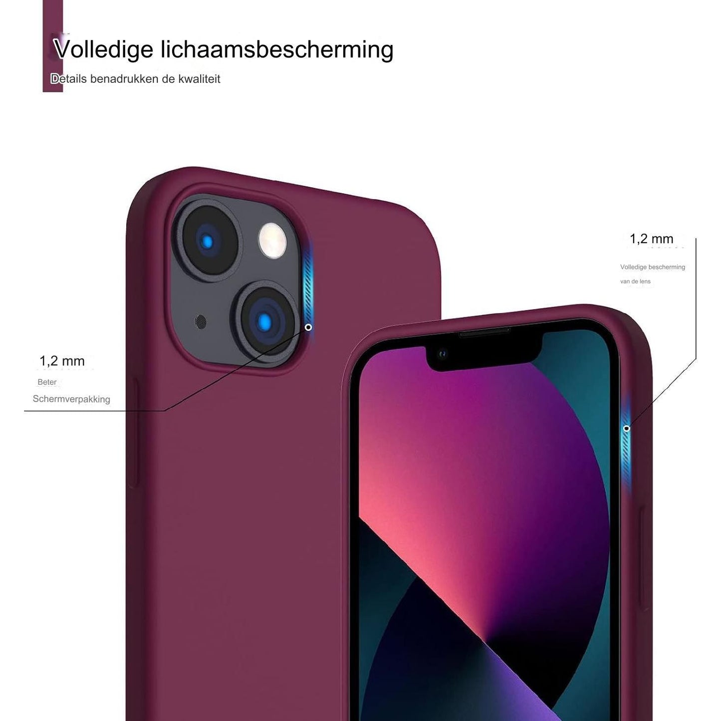 Karakter Ultra-Beschermende 3-Lagen Vloeibare Siliconen Hoesje voor iPhone 13 Mini - Volledig Bedekt Zachte Gelrubberen Hoes met Microfiber Voering - 5.4 Inch - Wijnrood - Luxe Beschermhoesje met Zachte Textuur - Precieze Pasvorm - Duurzame Bescherming
