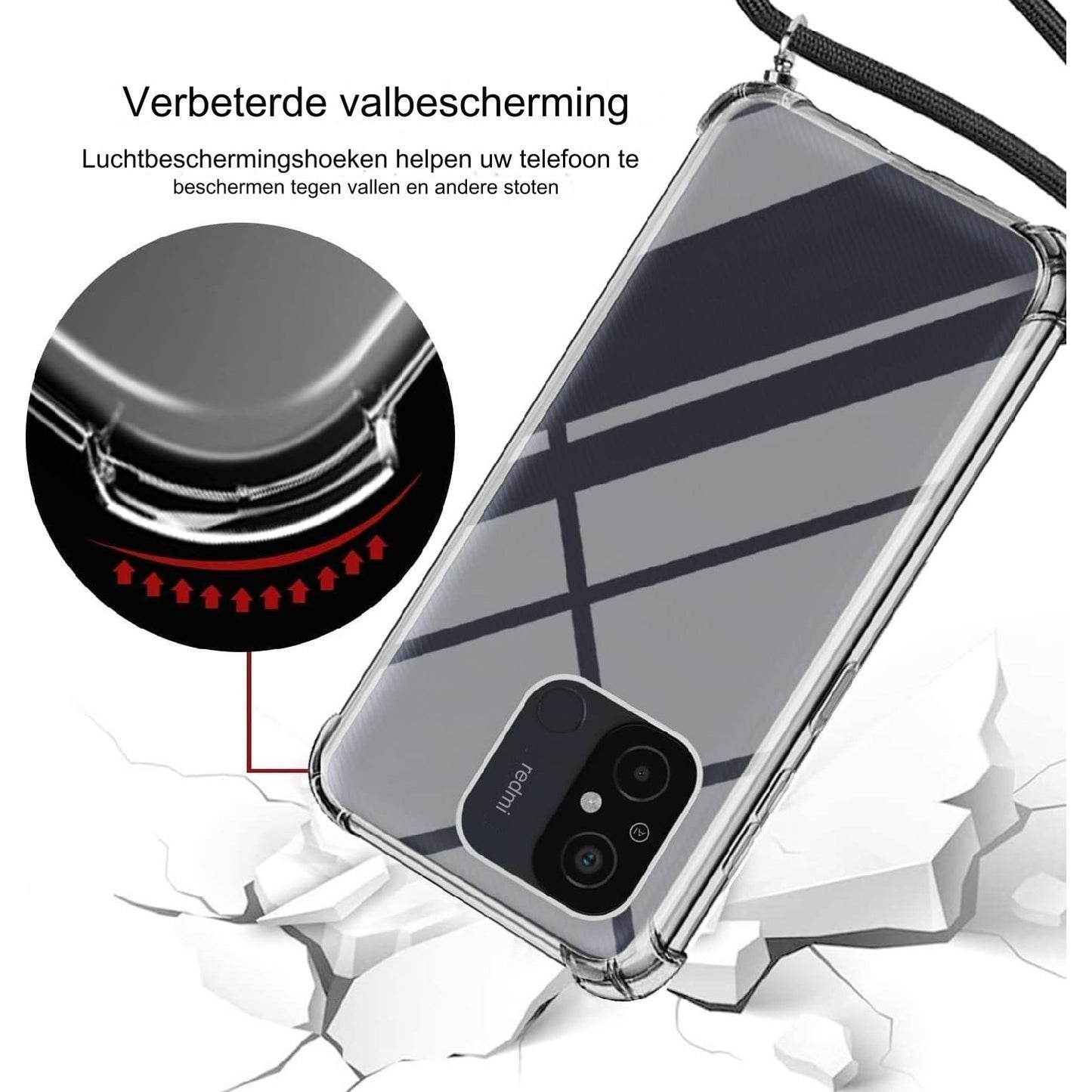 Schokbestendige Siliconen Hoes met Ketting voor Xiaomi Redmi 12C - Verstelbare Nekkoord, Transparant met Gehard Glas Schermbeschermer - Zwart of Roze