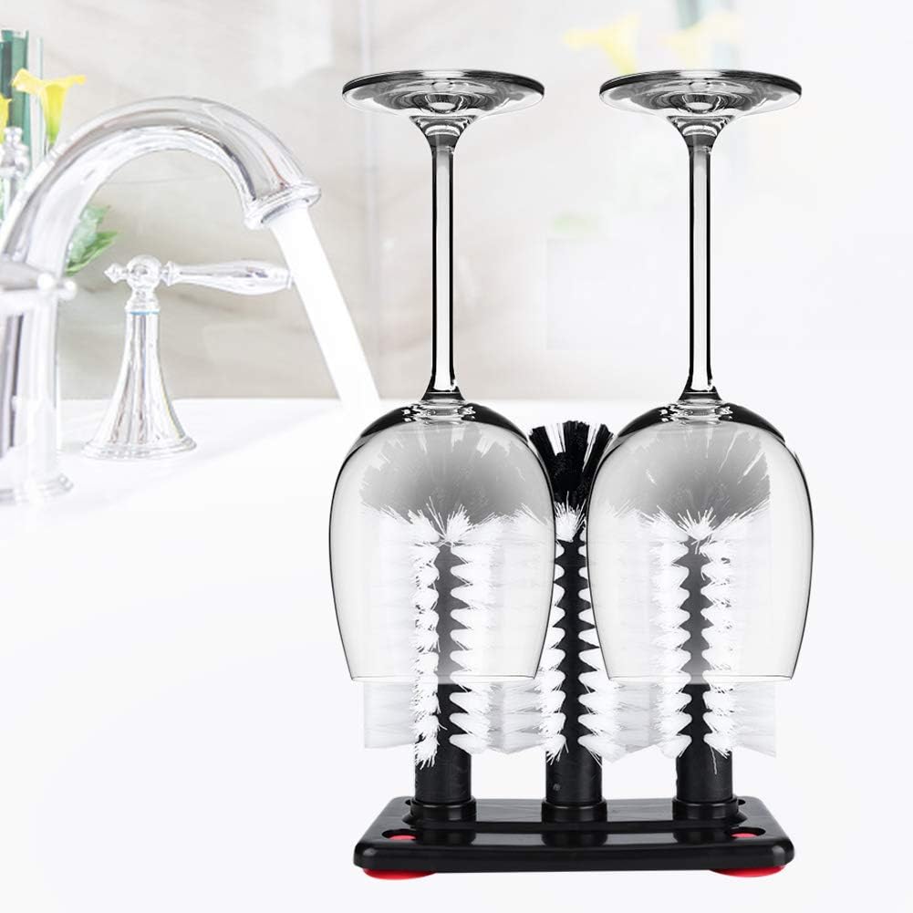 Glazenspoelborstel met 3 Nylon Borstels – Zuignapvoet voor Spoelbak – Ø 17 cm x 17,5 cm – Krasvrije Reiniging voor Bierglazen, Wijnglazen & Mokken – Horecakwaliteit