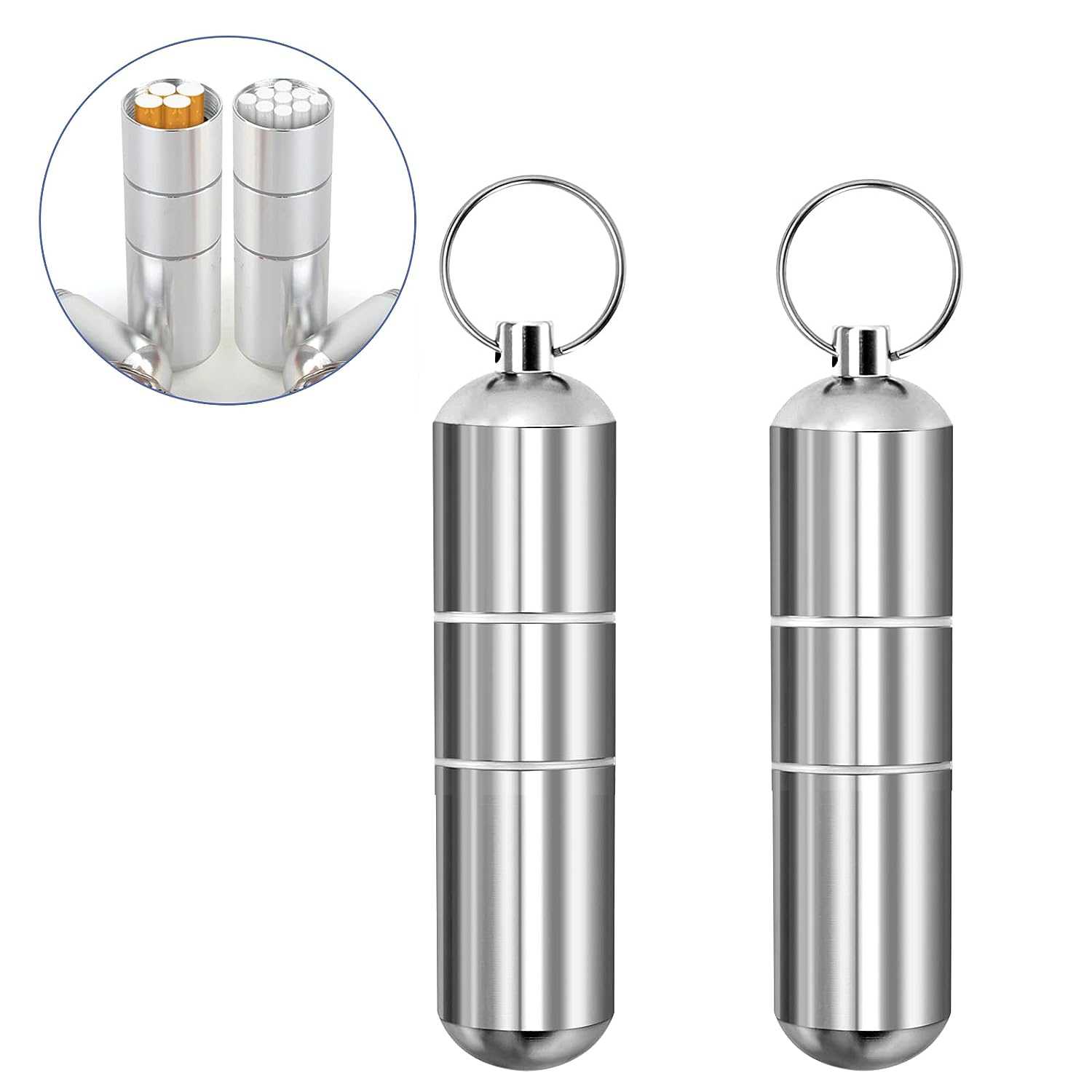 2 Stuks - Draagbare Aluminium Sigarettenhouder Set - Waterdichte Rond Sigarettenbox met Karabijnhaak voor Buitenreizen - 2 Stuks (12x2.5cm)