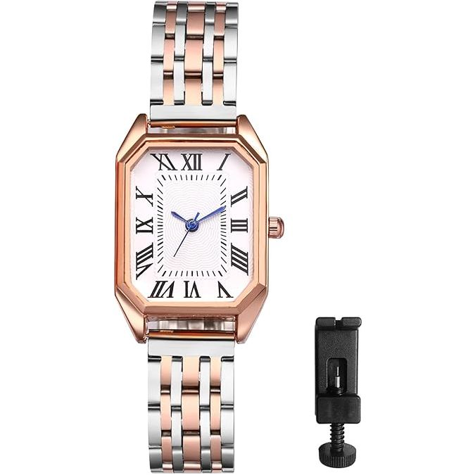 1-Stuks Klassiek Vrouwen Vierkant Horloge: Roestvrijstalen Armband Band Analoge Quartz Romeins Nummer Wijzerplaat voor Dame Zilver Roségouden Tint