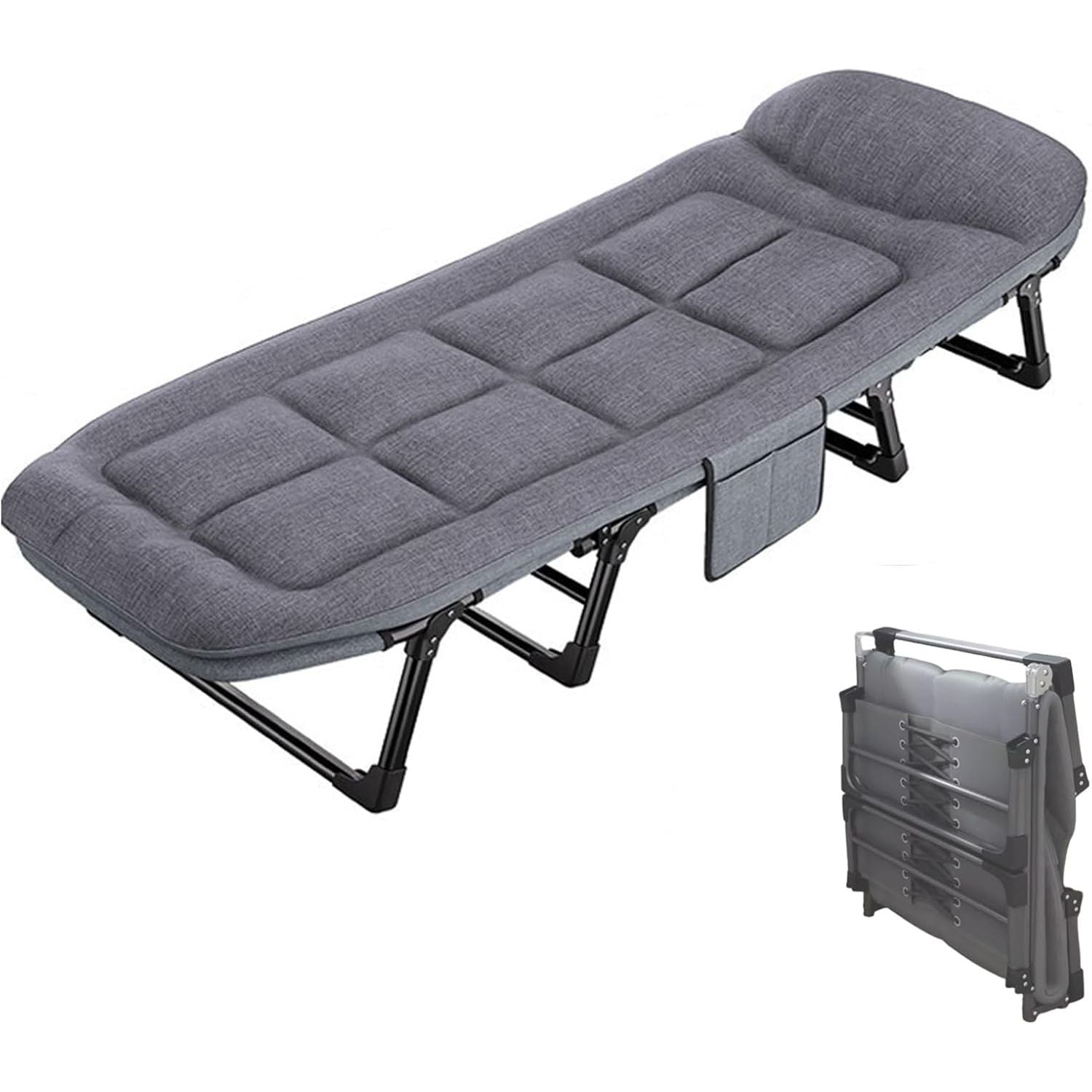 Opvouwbaar Logeerbed met Verstelbare Rugleuning – 6 Posities – Inklapbaar Bed met Matras en Zijvak – 180 × 66 × 30 cm – Voor Binnen & Buiten, Kantoor of Reizen