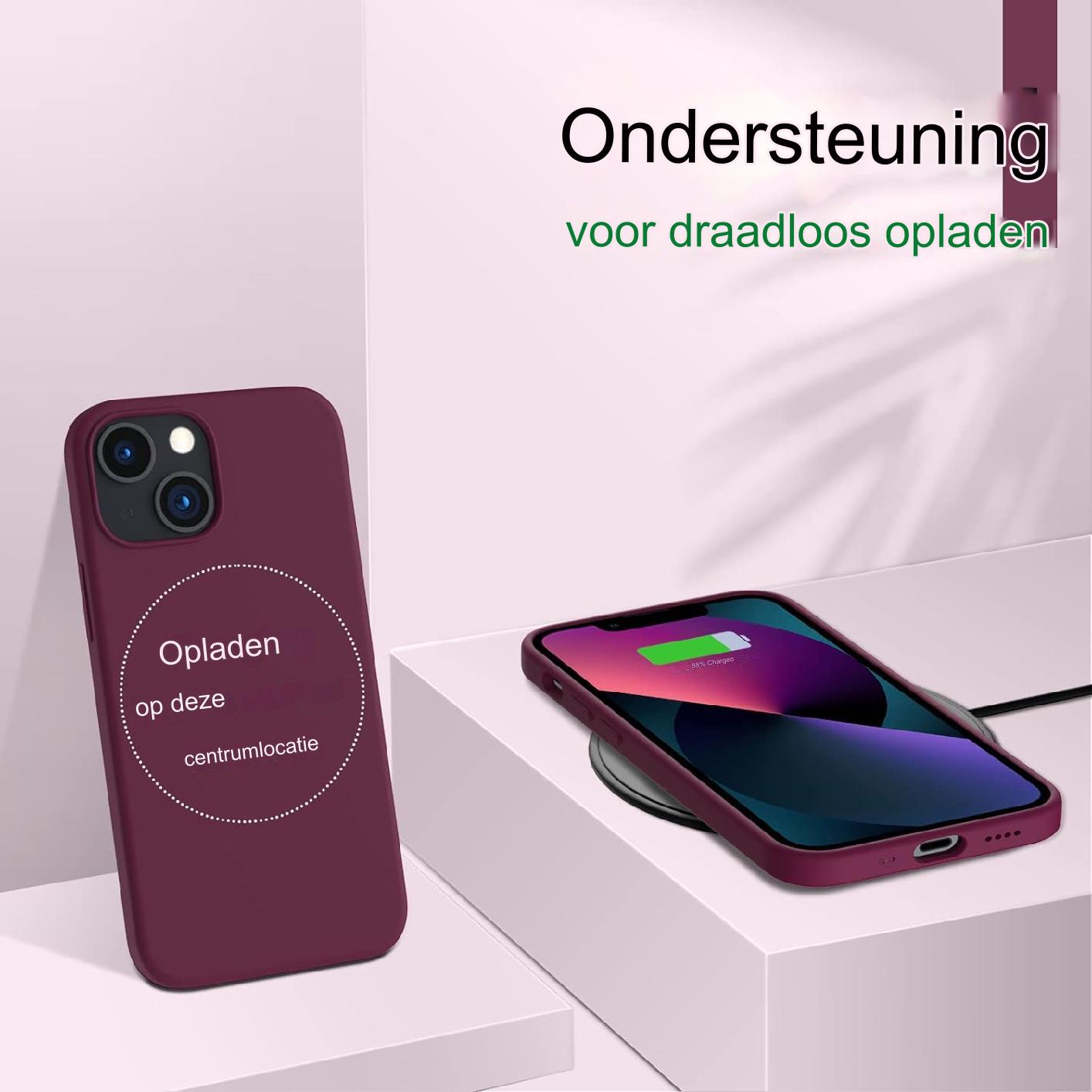 Karakter Ultra-Beschermende 3-Lagen Vloeibare Siliconen Hoesje voor iPhone 13 Mini - Volledig Bedekt Zachte Gelrubberen Hoes met Microfiber Voering - 5.4 Inch - Wijnrood - Luxe Beschermhoesje met Zachte Textuur - Precieze Pasvorm - Duurzame Bescherming