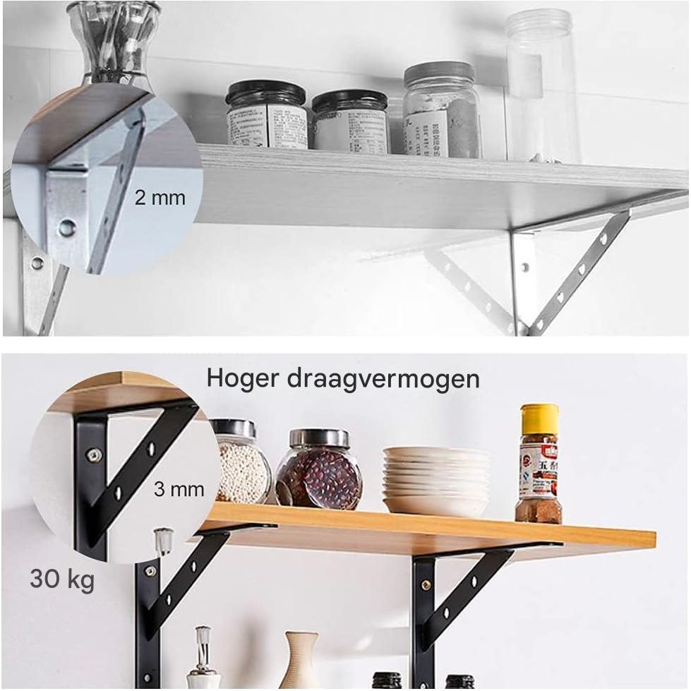 4 Stuks - Metalen Wandbeugels - Zware Hoekbeugels Voor Wandplanken - Triangel Plankendragers - 20 x 12 x 2.5 cm - 3mm Dikte - Inclusief 16 Schroeven en Pluggen - Zwarte Plankhouders - Decoratief Wandbeslag Voor Opslag en Display