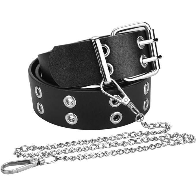 Punk Dubbele Riem Met Rivetten Voor Mannen En Vrouwen - Zwarte Leren Riem Met Dubbele Oogjes En Afneembare Ketting - 3.8 cm Breed - Hip Hop Cosplay Accessoire Voor Casual En Formele Kleding - Verstelbare Riem Voor Jeans, Jurken En Rokjes