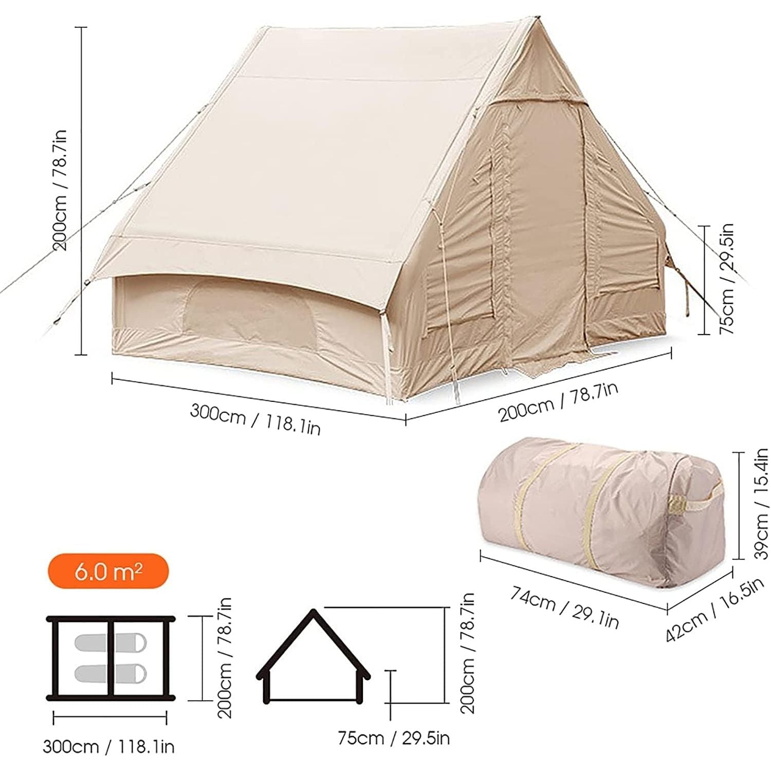 Opblaasbare Katoenen Tent – Luxe Outdoor Camping Cabin Tent met Pomp – 4-Seizoenen Waterdichte Canvas Tent zonder Stokken – 3-4 Personen – 210×300×200 cm – Khaki