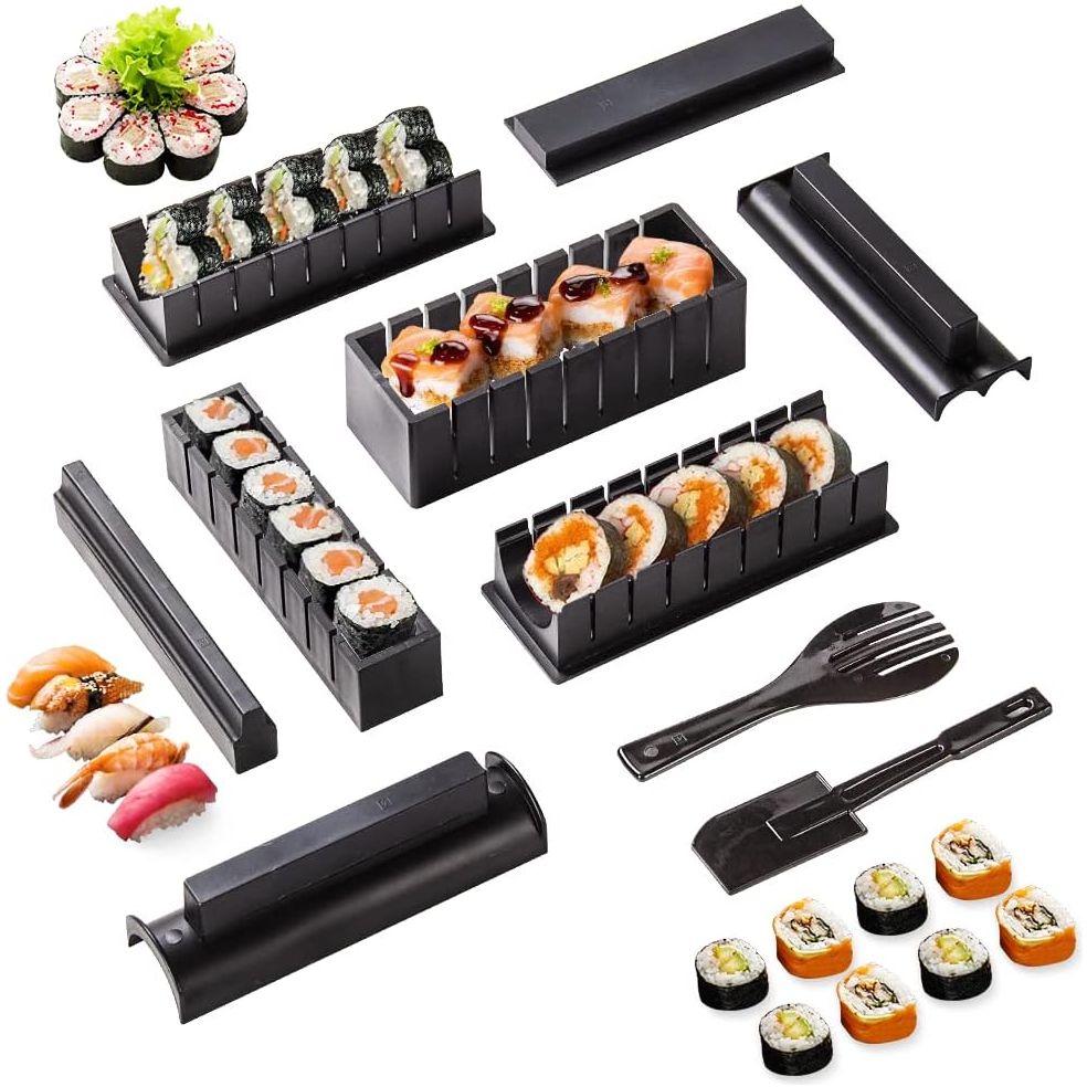 10-Delige - Sushi Making Kit - Sushi Mal Set - met 8 Unieke Vormen - Eenvoudig Sushi Rollen - voor Beginners en Gevorderden - Zwart