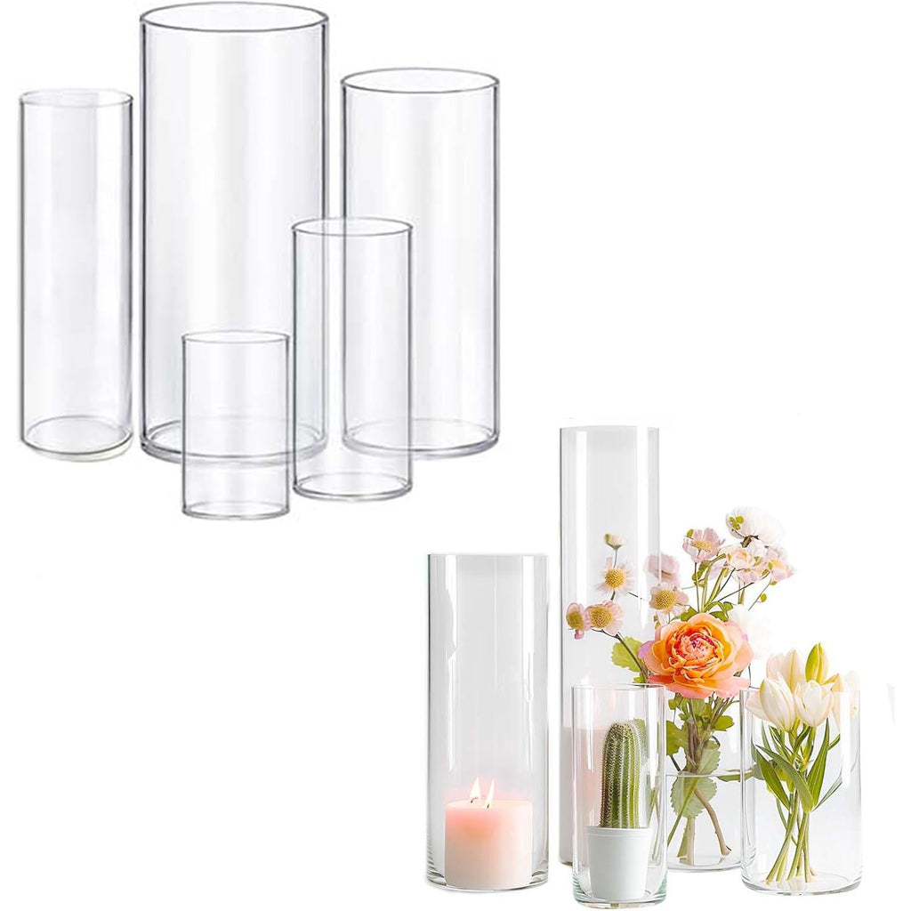 5 Stuks – Glazen Vazen Set – Cilindervazen voor Tafeldecoratie – Transparante Bloemenvazen – Glazen Bloempotten in Verschillende Hoogtes – Kleine Glazen Vaasjes voor Centerpieces – Tafeldecoratie voor Bruiloft Feest Woning Cadeaugebruik