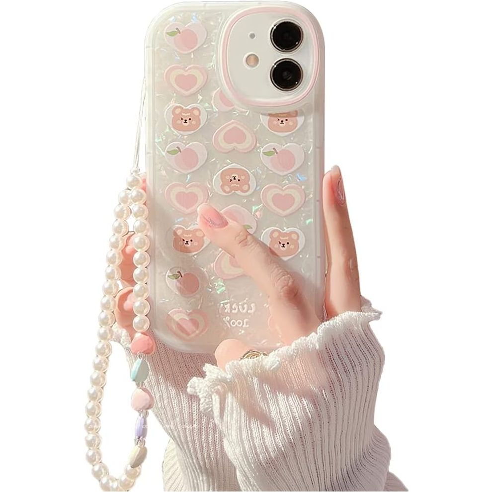 iPhone 11 Hoesje met Beer Liefdeshart Ontwerp en Parel Armband Ketting - Modieus en Beschermend - Wit - Geschikt voor Draadloos Opladen