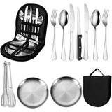 10-Delige - Campingbestekset - RVS Kampeer Servies - Bestekset Voor 2 Personen - Vorken - Lepels - Tafelmessen - Botermes - Borden - Vleestang - Opbergtas - Outdoor Picknick Servies - Kampeer Accessoire