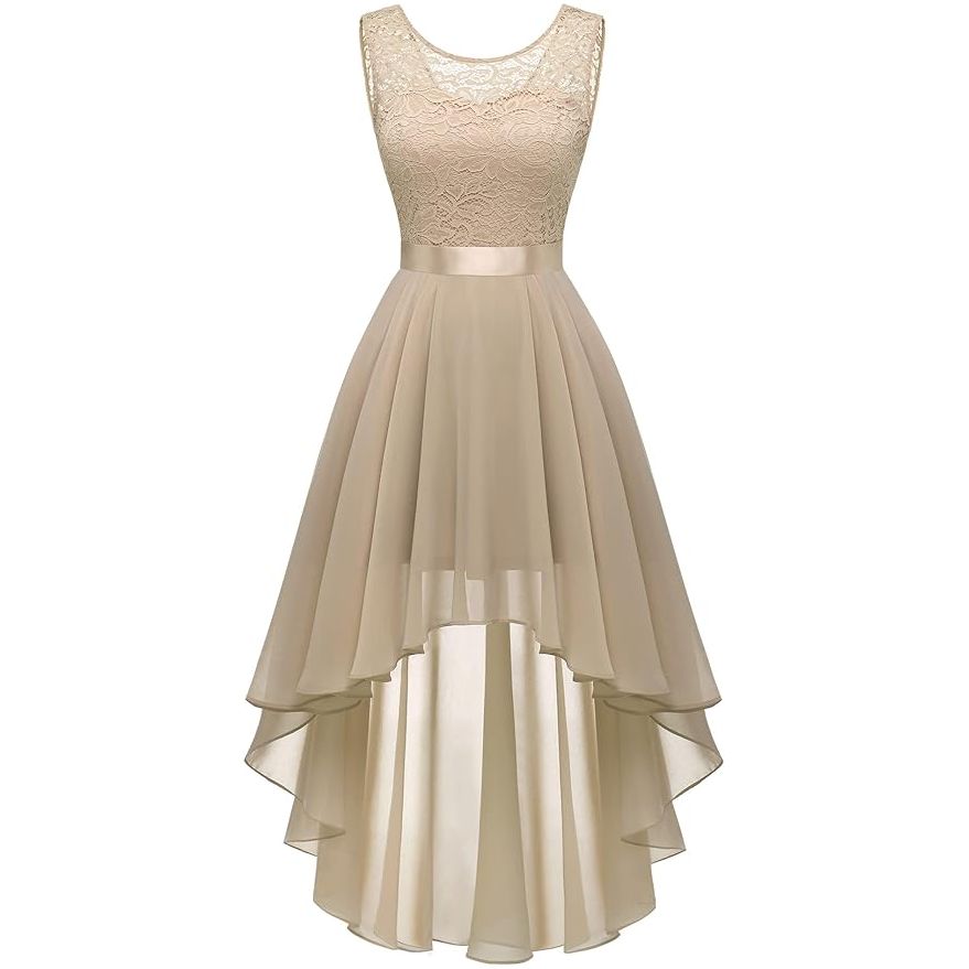 Elegante Mouwloze Hi-Lo Jurk – Kant en Chiffon Cocktailjurk – A-Lijn Galajurk met Ronde Hals – Champagnekleurig
