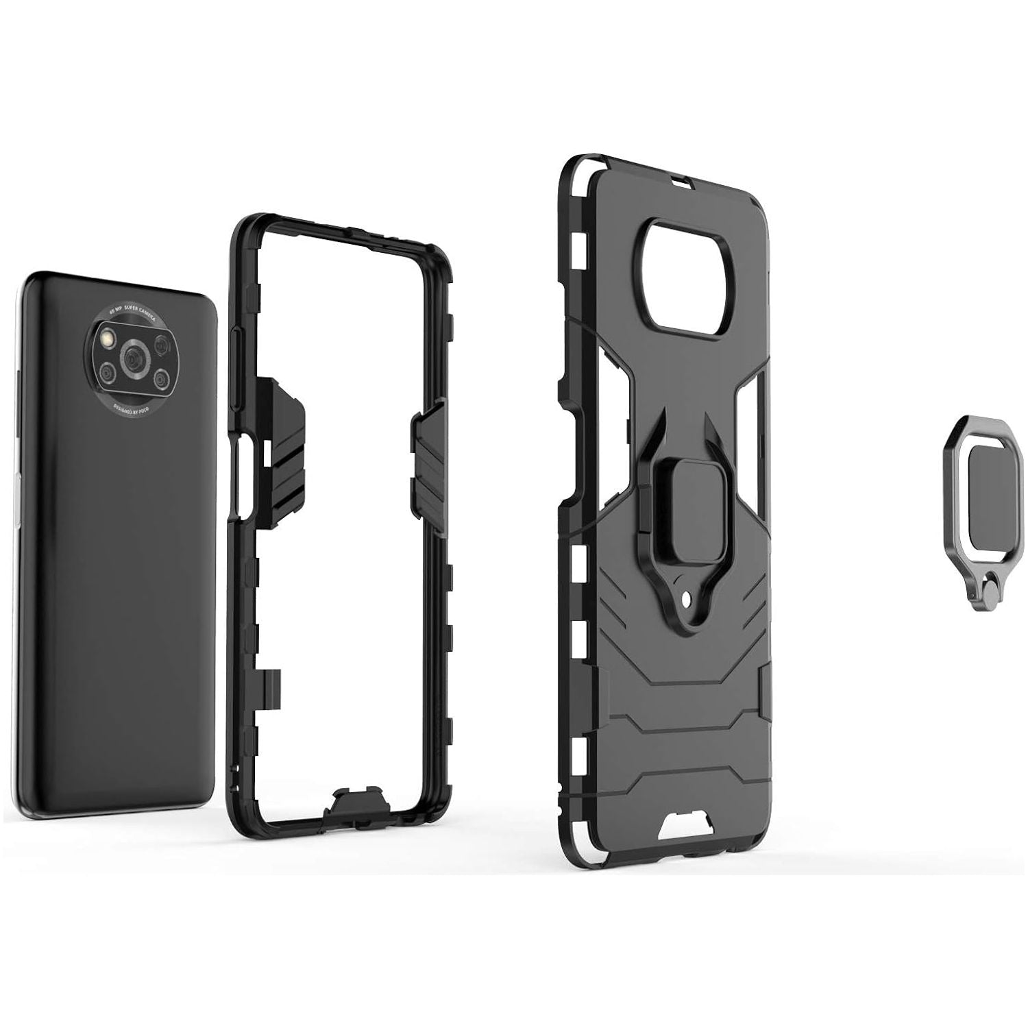 Multifunctioneel Ringhouder Hoes - Geschikt voor Xiaomi Poco X3 NFC/X3 Pro - Extra Sterke Mobiele Hoes - Ultieme Bescherming, Shockproof met Magnetische Houder - Inclusief Schermbeschermer