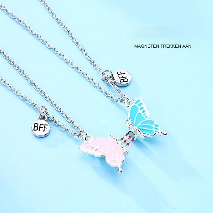 2 Stuks - Vriendschapsketting Voor Vrouwen - Bff Kettingen Voor 2 Meiden - Zilveren Vlinderhanger Ketting - Mode Sieraden - Ketting Met Hartvormige Puzzelhanger - Persoonlijke Sieraden - Meerkleurige Kettingen - Blauw Roze