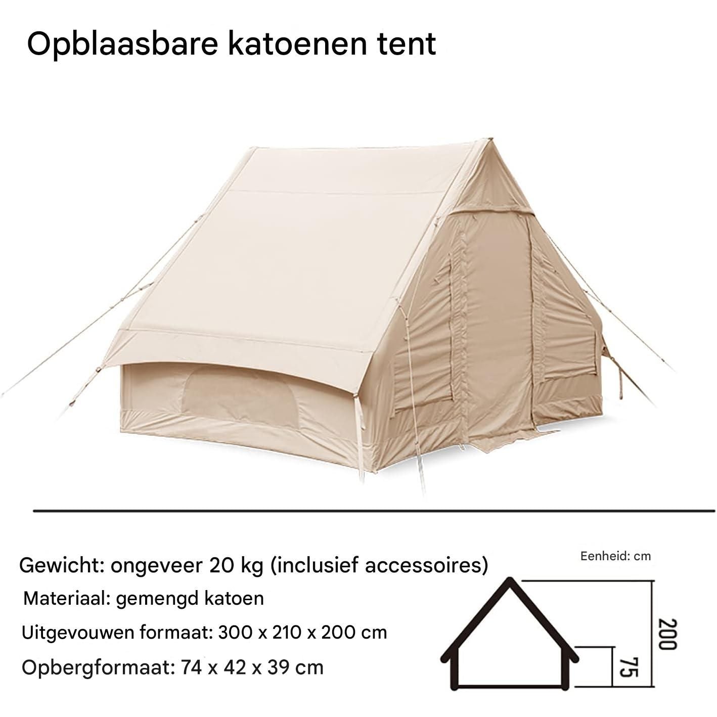 Opblaasbare Katoenen Tent – Luxe Outdoor Camping Cabin Tent met Pomp – 4-Seizoenen Waterdichte Canvas Tent zonder Stokken – 3-4 Personen – 210×300×200 cm – Khaki