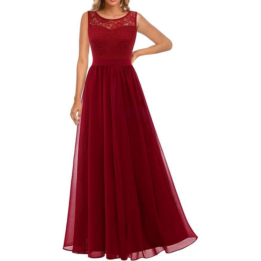 Lange Avondjurk Voor Dames – Maxi Cocktailjurk Met Kant En Chiffon – Elegante Jurk Met Licht Transparante Ronde Hals – Voor Bruiloft, Feest, Gala, Prom Of Ceremonie – Effen Kleur – Vrouwelijk En Verfijnd