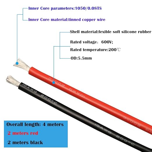 CESFONJER 10 AWG Siliconen Kabel Set, 2m Rood en 2m Zwart - Flexibel en Hittebestendig, Ideaal voor RC Drones en Voertuigen, Hoge Conductiviteit en Oxidatiebestendig, 600V/200°C, Diameter 5.5 mm