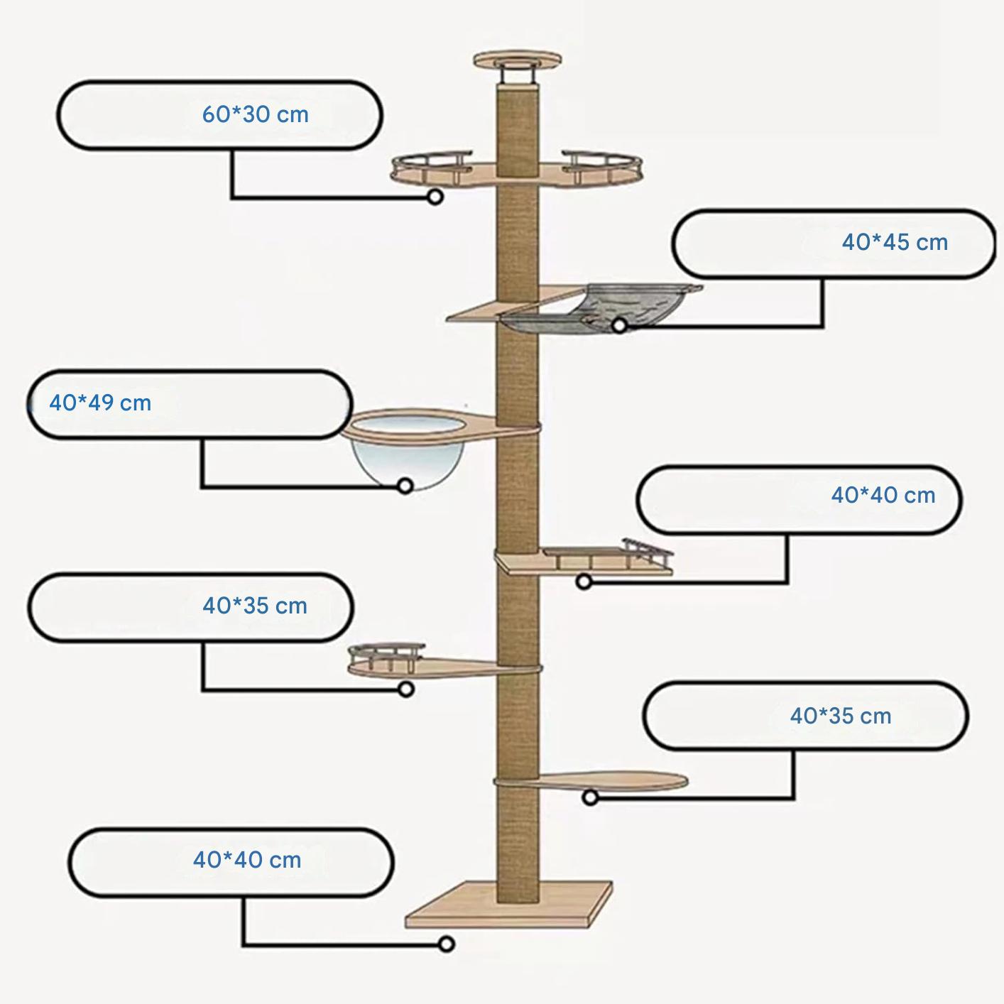 RUYICZB Kattenklimtoren van Vloer tot Plafond – Verstelbare Hoogte 255-265 cm (100-104 Inch), Luxe Kattenboom met Kattenhuis, Hangmat, Krabpalen en Speelplateaus – Ruimtebesparende Klimboom voor Binnenkatten