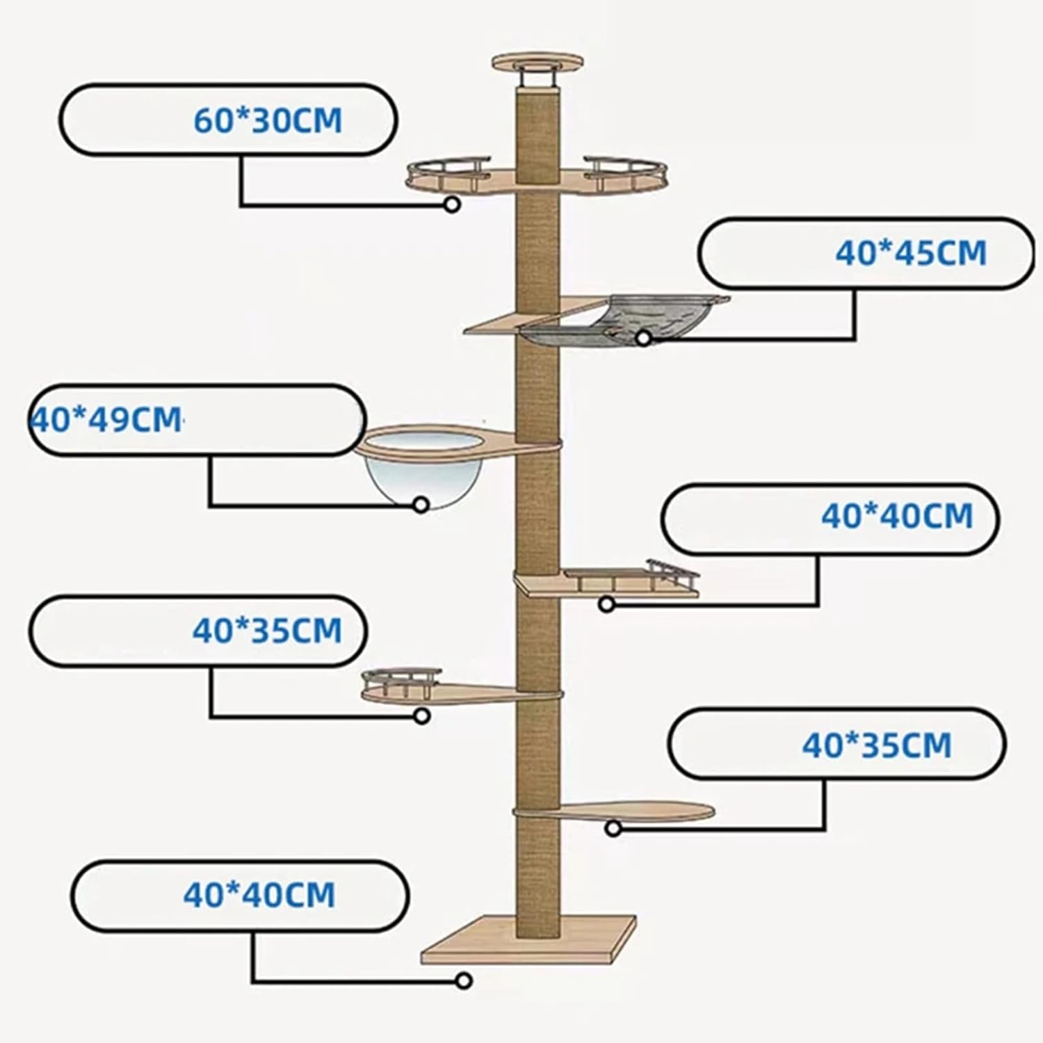 Plafondhoge Krabpaal Kat – Verstelbare Kattenboom 255-265cm – Hoge Klimboom Met U-Vormige Hangmat, Ruim Kattenhuis, Dubbele Uitkijkpost & Krabpalen – Kattenmeubel Voor Binnen – Klimtoren Voor Grote Katten – DIY Indeling