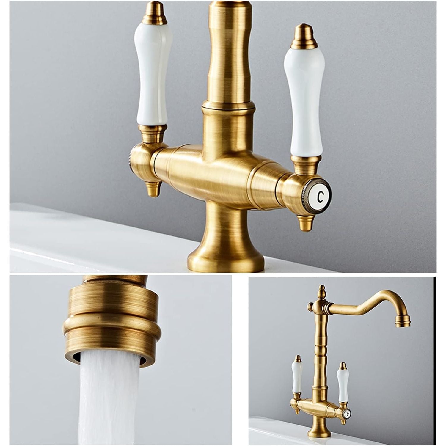 Keukenkraan Geborsteld Messing – Retro Stijl – 360° Draaibare Gootsteenkraan – Enkel Gat Installatie – Antieke Kraan Voor Koud & Warm Water – Luxe Design Voor Keuken & Badkamer