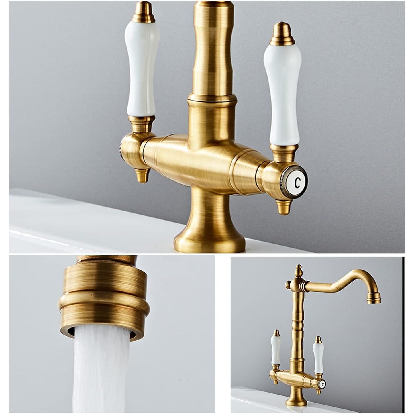 Keukenkraan Geborsteld Messing – Retro Stijl – 360° Draaibare Gootsteenkraan – Enkel Gat Installatie – Antieke Kraan Voor Koud & Warm Water – Luxe Design Voor Keuken & Badkamer