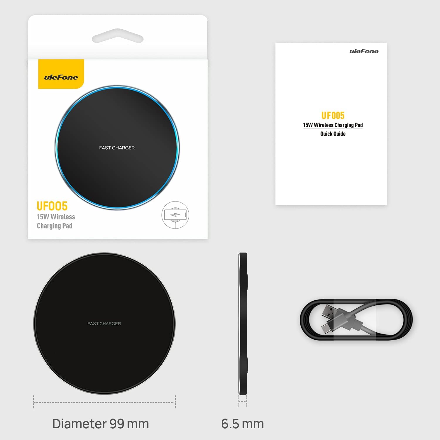 Ulefone - Draadloze Mobiel Oplaadpad (15W) - Qi Draadloze Oplader  - Wireless Fast Charger - Compatibel met Ulefone Armor 17 Pro, Power Armor 14 Pro/14/13, Armor 12/11T/11/10/7/7E - QC/PD Protocol voor Andere Telefoons
