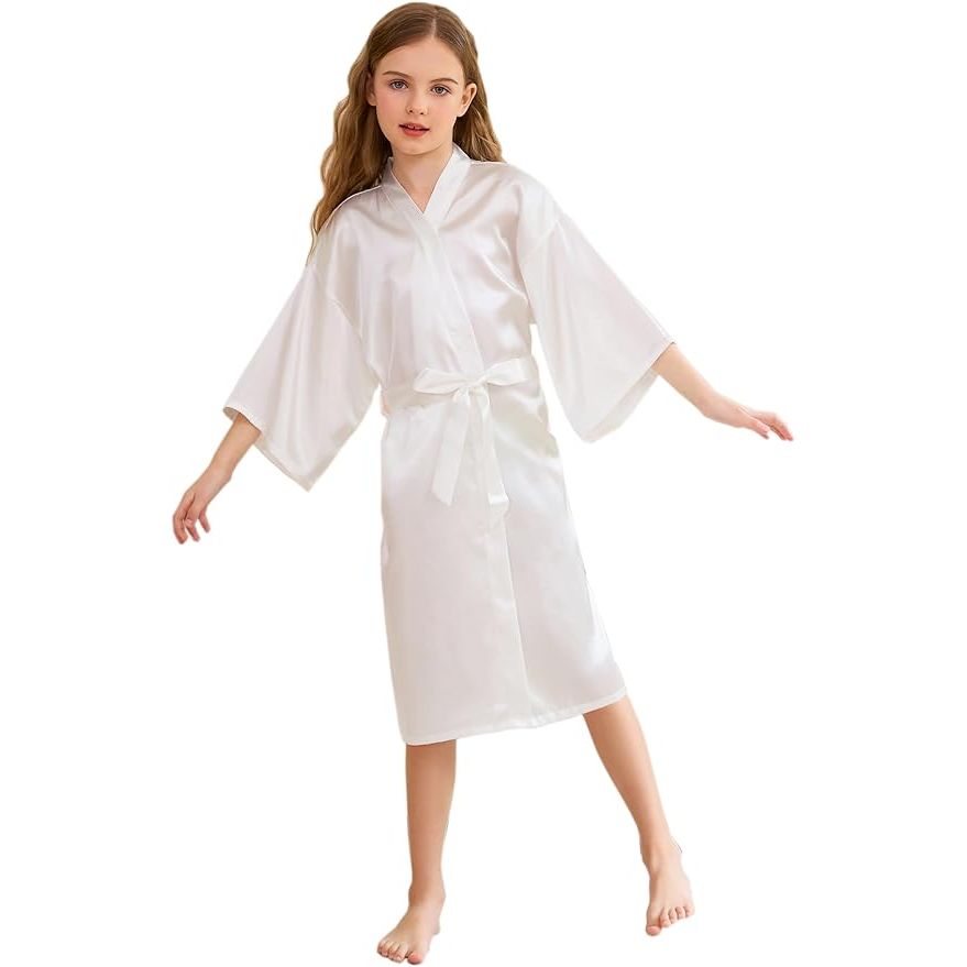 Kinder Satijnen Kimono Badjas – Voor Meisjes – Zijdezacht – V-Hals – Zelfstrikceintuur – Perfect Voor Spa, Bruiloften, Verjaardagsfeestjes en Dagelijks Gebruik – Maat 4