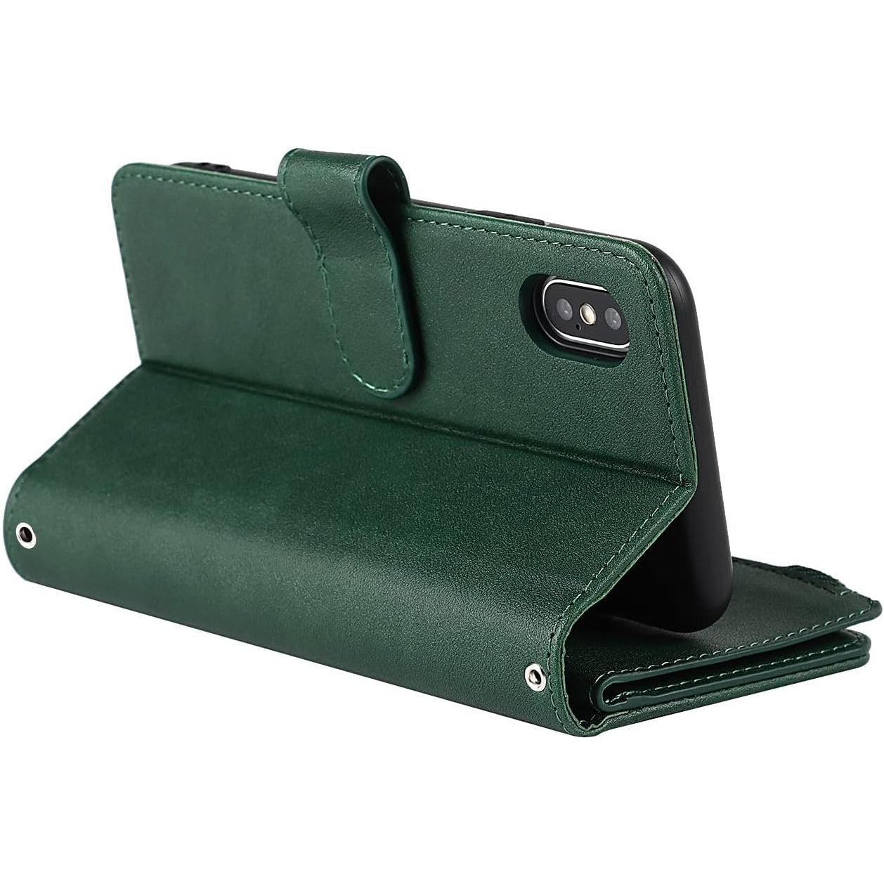 Praktisch Mobiel Hoesje met Strap voor iPhone X/XS - Multifunctionele Flip Leren Portemonnee Case - Beschermende Cover met [9 Kaartvakken] en Magnetische Sluiting - Donker Design - Handige Telefoonketting Accessoire voor Stijlvolle Bescherming