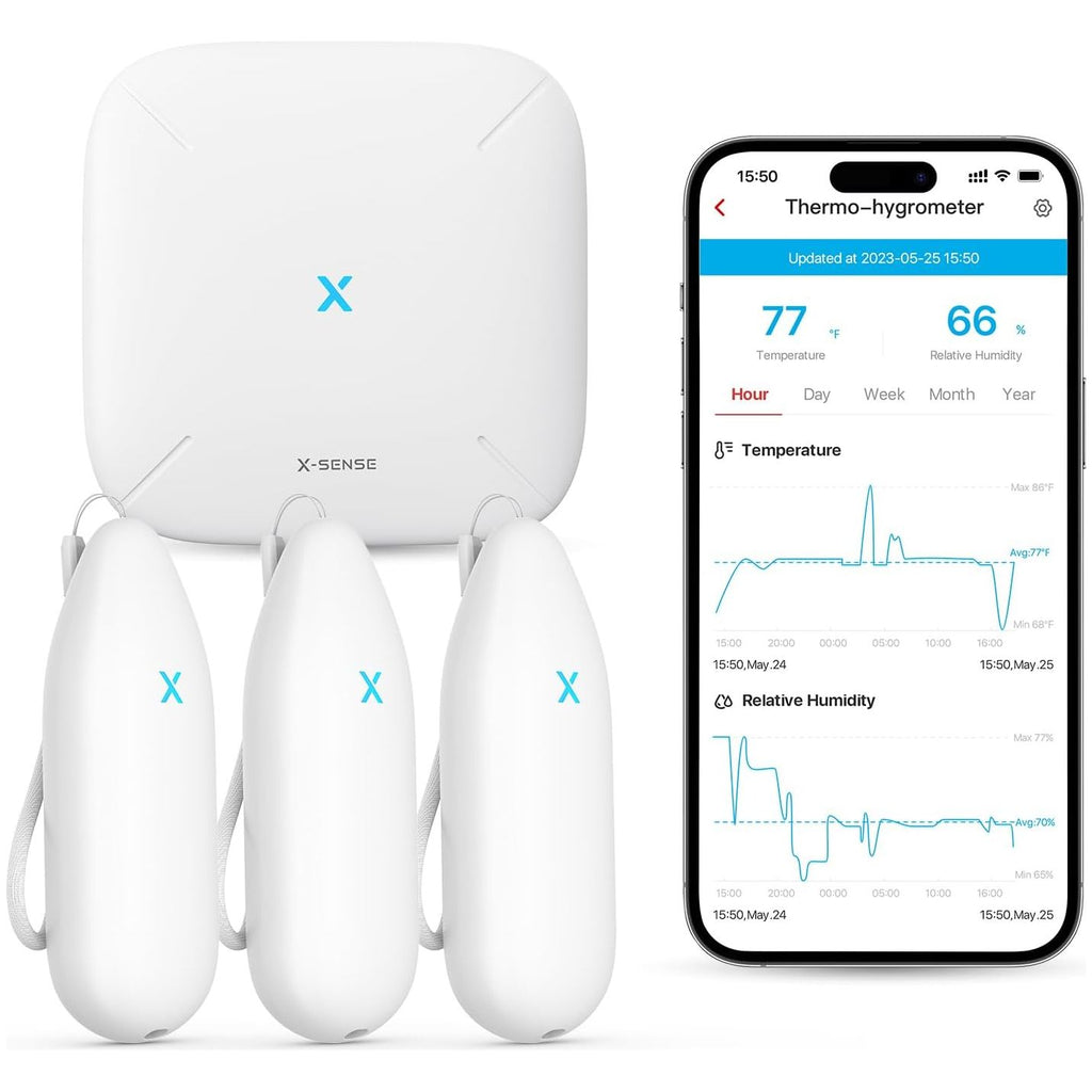 4 Stuks - X-Sense Wi-Fi Hygrometer en Thermometer - Slimme Hygrometer Met App-Control en Afstandsbediening - Wi-Fi Temperatuur- en Vochtigheidssensor Voor Binnengebruik - Model STH54 - Inclusief Basisstation - Real-Time Monitoring