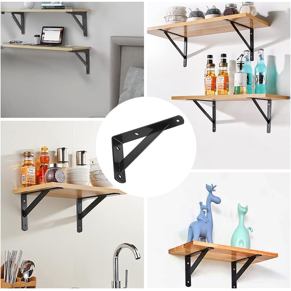 4 Stuks - Metalen Wandbeugels - Zware Hoekbeugels Voor Wandplanken - Triangel Plankendragers - 20 x 12 x 2.5 cm - 3mm Dikte - Inclusief 16 Schroeven en Pluggen - Zwarte Plankhouders - Decoratief Wandbeslag Voor Opslag en Display