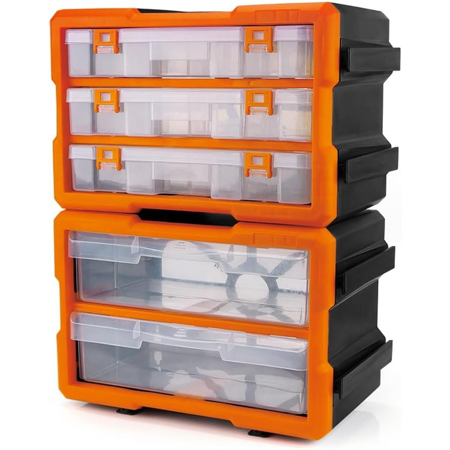 HORUSDY 5-Laden Modulair Onderdelenrek – Wandmontage & Stapelbaar – Duurzame Gereedschapsorganizer met Afneembare Lades – Kunststof Opbergkast voor Werkplaats, Garage of Hobbyruimte (Set van 2 + 3 Laden)