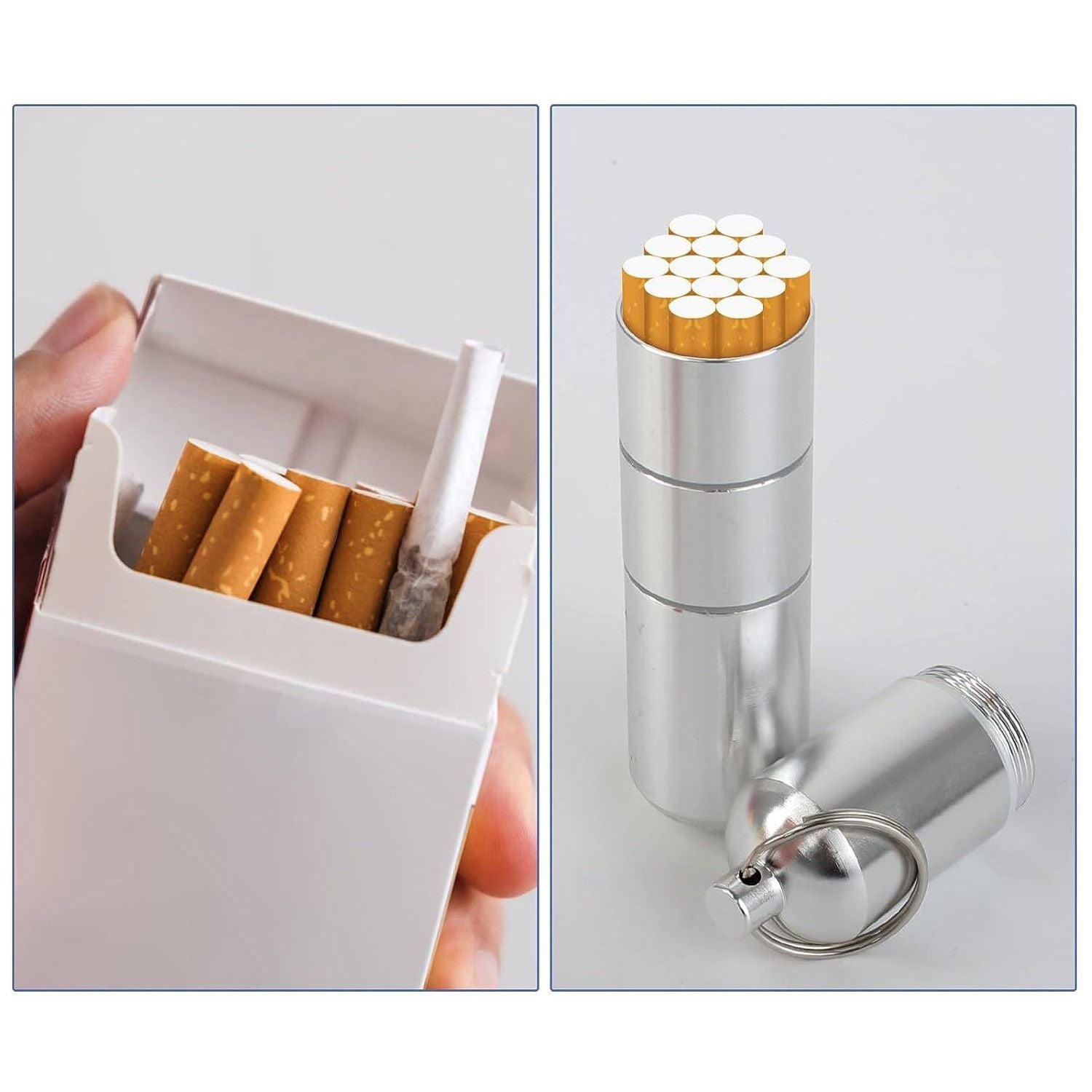 2 Stuks - Draagbare Aluminium Sigarettenhouder Set - Waterdichte Rond Sigarettenbox met Karabijnhaak voor Buitenreizen - 2 Stuks (12x2.5cm)