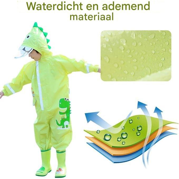Ademende Kinderen Regenjas - T-Rex Dinosaurus -  Jongens Meisjes - Regenoverall met Capuchon en Reflectoren - Waterdichte Regenponcho - Schattig Dierenpatroon - Lichtgewicht en Herbruikbaar - Voor Kinderen 3-5 Jaar - voor School en Outdoor Activiteiten