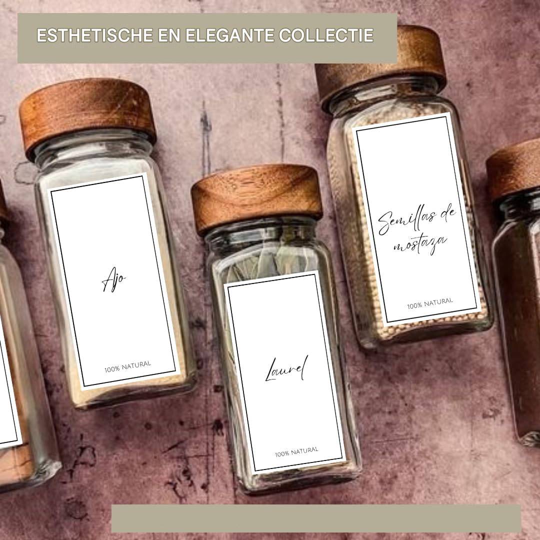 281 Stuks Spice Jar Labels - 6 x 3 CM - Minimalistische en Moderne Vinyl Stickers voor Kruidenpotten - Voorraadpot Labels in Frans, Engels en Spaans - Waterdicht en Duurzaam - Inclusief Liniaal en Checklist - Klaar voor Gebruik