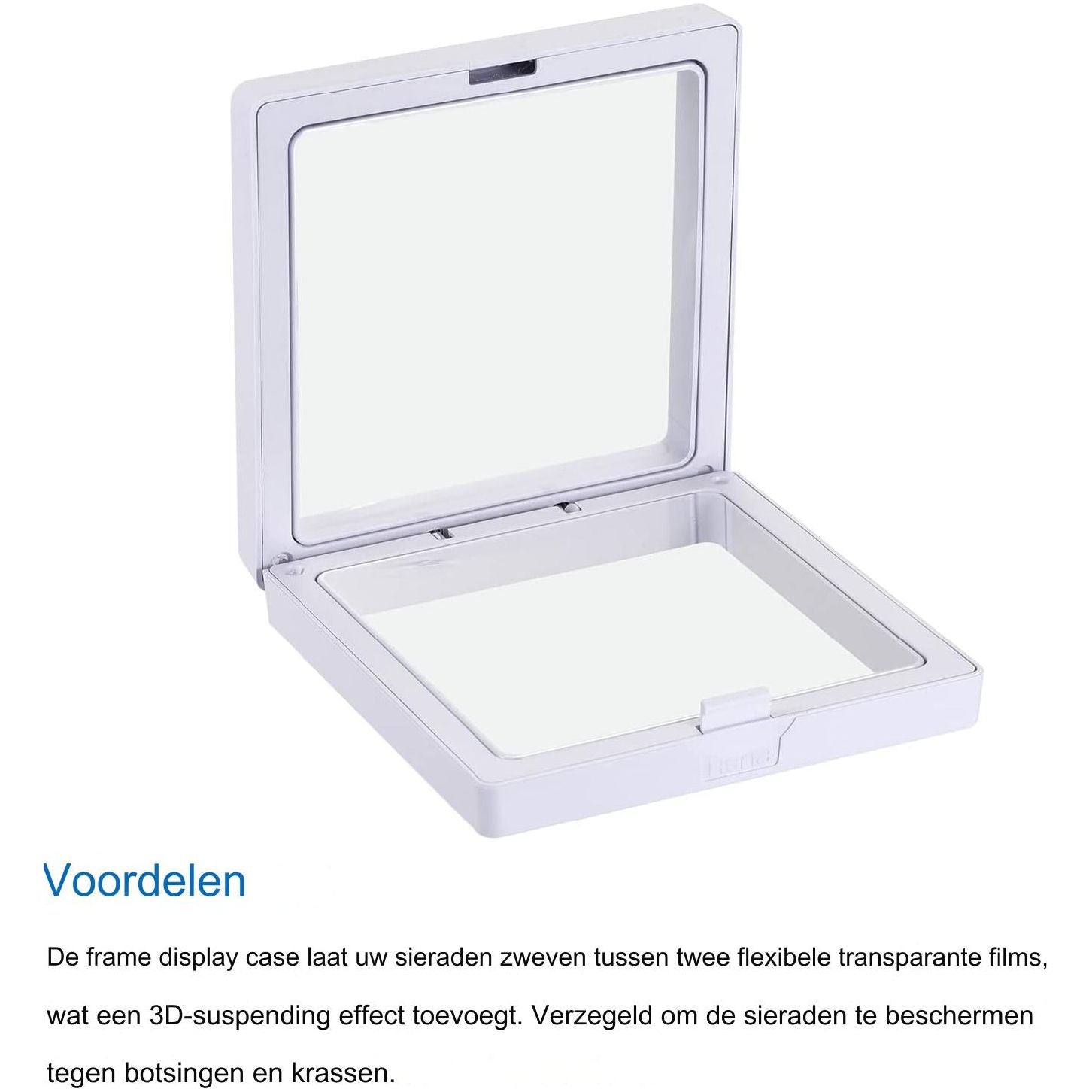 Set van 6 Floating Frame Display Houder - 3D Sieraden Display Box - 9 x 9 x 2 cm - Wit - Vierkante Acryl en TPU Display voor Ringen, Kettingen, Armbanden, Munten, Postzegels - Met Klapontwerp voor Makkelijk Gebruik en Bescherming